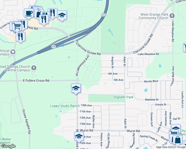 map of restaurants, bars, coffee shops, grocery stores, and more near 10711 North Lakewood Avenue in Apopka
