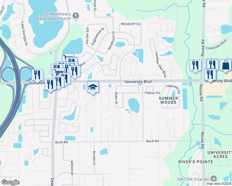 map of restaurants, bars, coffee shops, grocery stores, and more near 8417 Abingdon Chase in Orlando