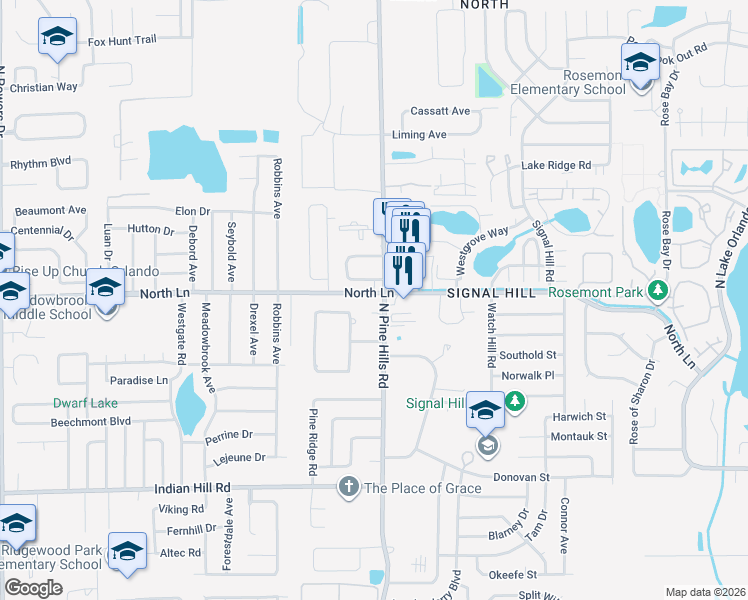 map of restaurants, bars, coffee shops, grocery stores, and more near 4316 North Pine Hills Road in Orlando