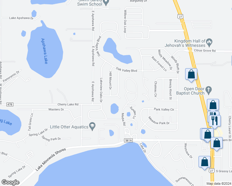 map of restaurants, bars, coffee shops, grocery stores, and more near 1046 Heather Glen Drive in Minneola