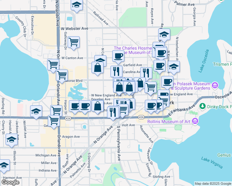 map of restaurants, bars, coffee shops, grocery stores, and more near 211 South Pennsylvania Avenue in Winter Park