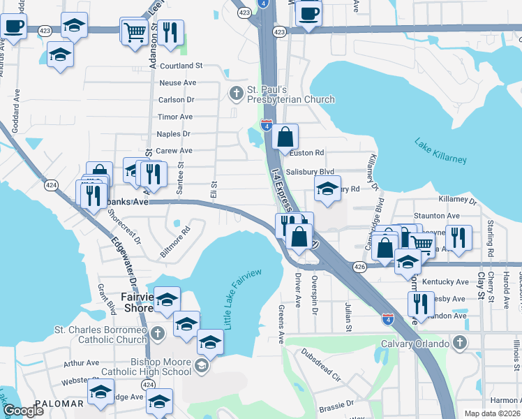 map of restaurants, bars, coffee shops, grocery stores, and more near 2714 Riddle Drive in Winter Park
