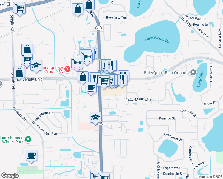 map of restaurants, bars, coffee shops, grocery stores, and more near 7600 University Boulevard in Winter Park