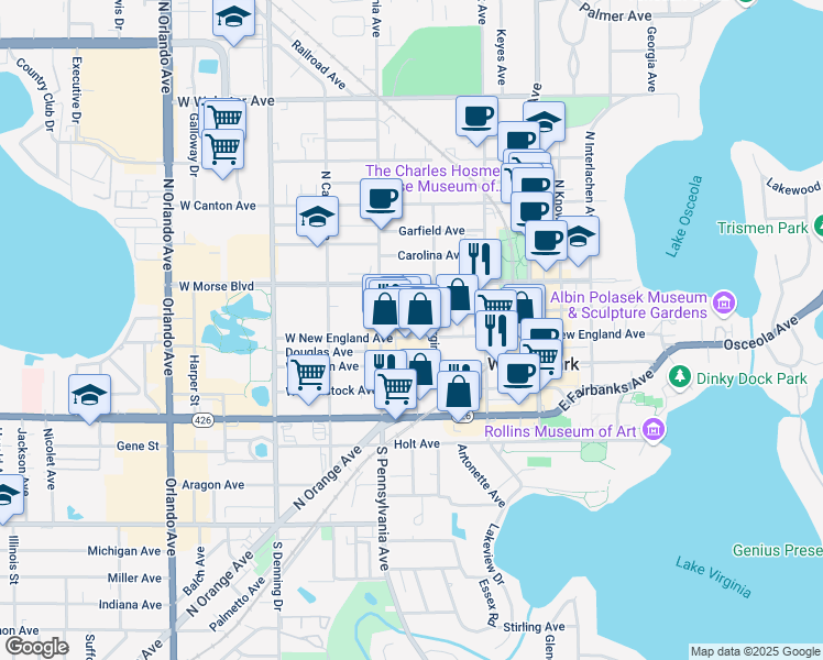 map of restaurants, bars, coffee shops, grocery stores, and more near 433 West New England Avenue in Winter Park
