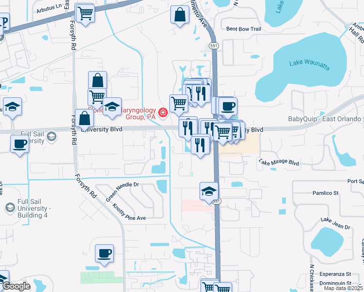 map of restaurants, bars, coffee shops, grocery stores, and more near 3920 Calibre Bend Trail in Winter Park