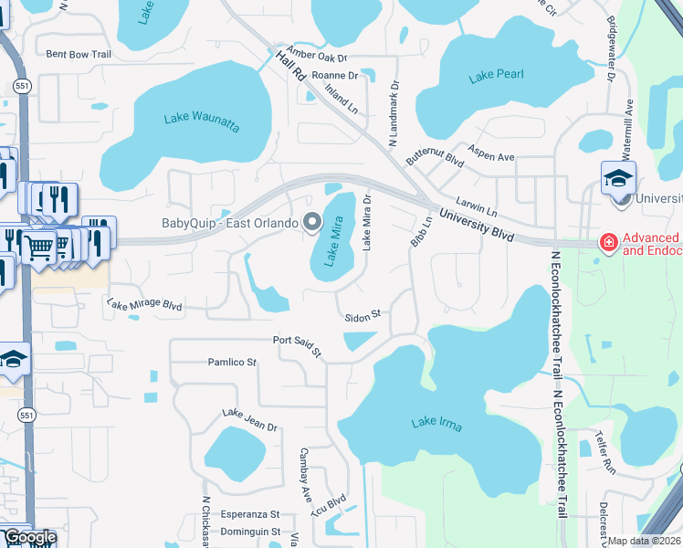 map of restaurants, bars, coffee shops, grocery stores, and more near 3966 Lake Mira Drive in Orlando