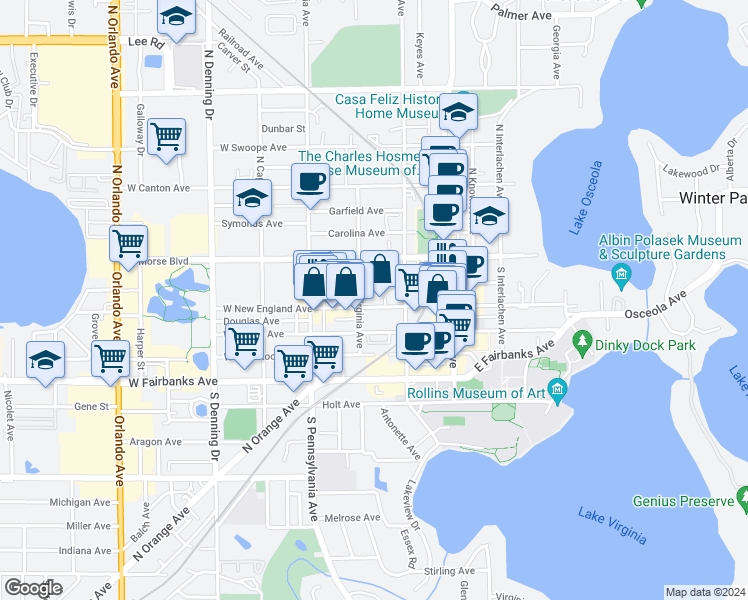 map of restaurants, bars, coffee shops, grocery stores, and more near 309 West New England Avenue in Winter Park