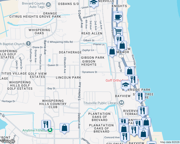 map of restaurants, bars, coffee shops, grocery stores, and more near 811 Sycamore Street in Titusville