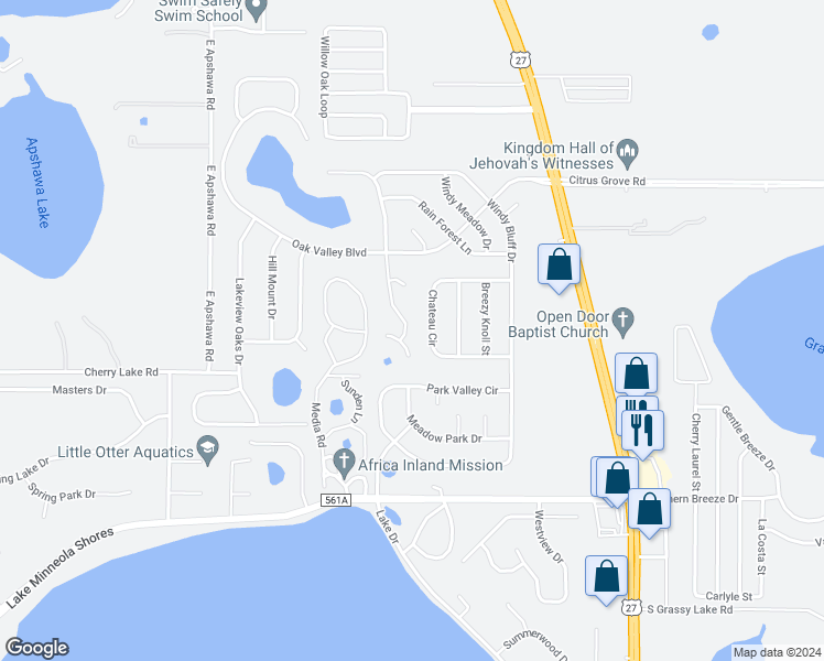 map of restaurants, bars, coffee shops, grocery stores, and more near 1105 Canopy Oaks Drive in Minneola