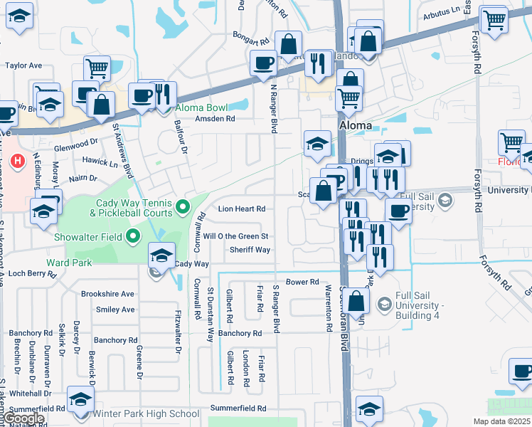 map of restaurants, bars, coffee shops, grocery stores, and more near 2846 Lion Heart Road in Winter Park