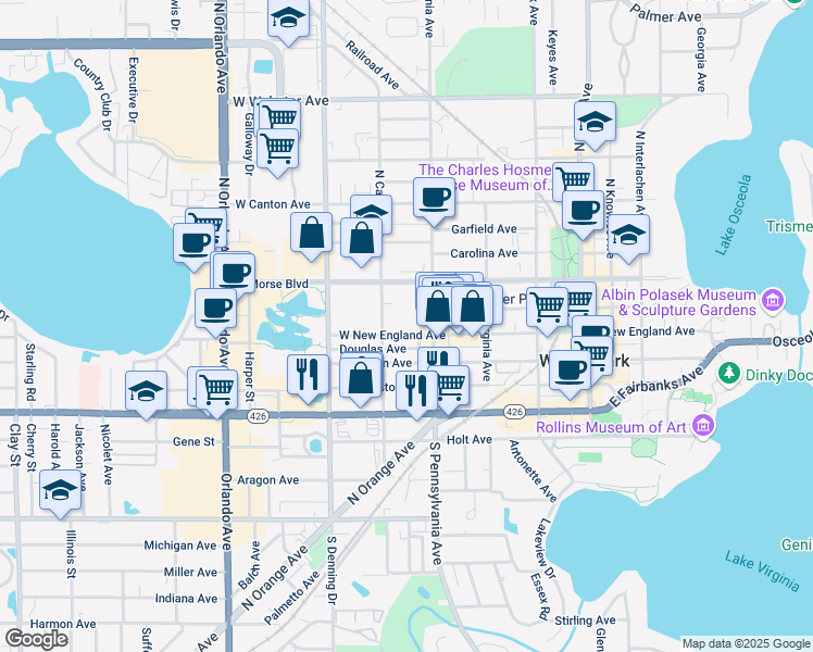 map of restaurants, bars, coffee shops, grocery stores, and more near 721 West New England Avenue in Winter Park