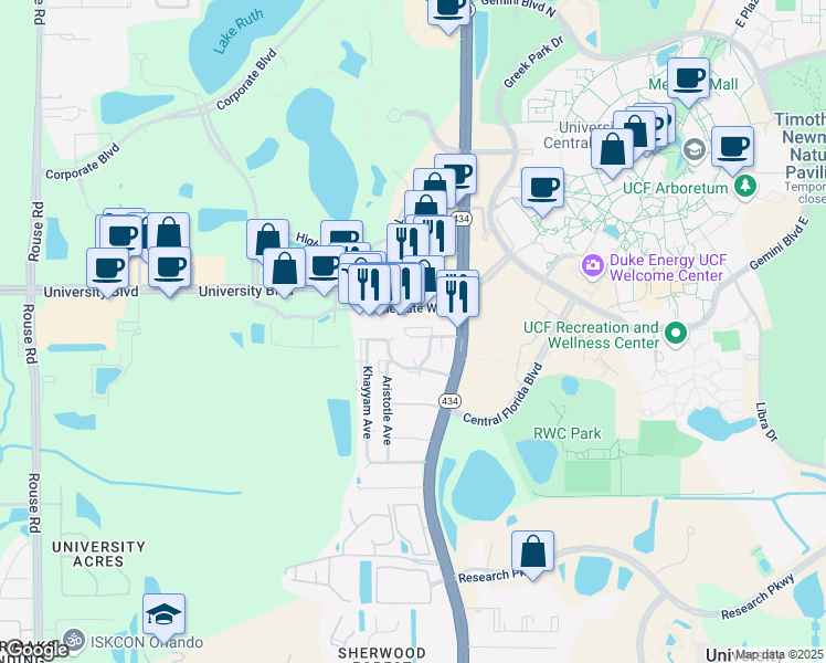 map of restaurants, bars, coffee shops, grocery stores, and more near 12093 Napiers Circle in Alafaya
