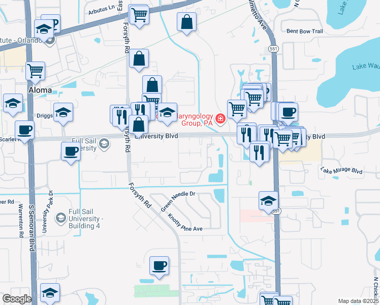 map of restaurants, bars, coffee shops, grocery stores, and more near 6522 Centerwalk Drive in Winter Park