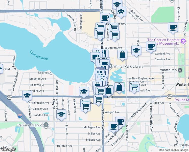map of restaurants, bars, coffee shops, grocery stores, and more near 415 South Orlando Avenue in Winter Park