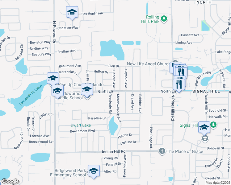 map of restaurants, bars, coffee shops, grocery stores, and more near 4315 Meadowbrook Avenue in Orlando