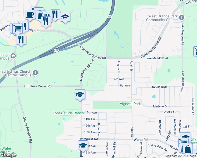 map of restaurants, bars, coffee shops, grocery stores, and more near 10711 North Lakewood Avenue in Apopka