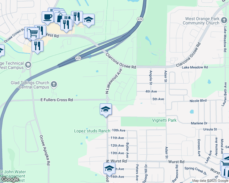 map of restaurants, bars, coffee shops, grocery stores, and more near 10711 North Lakewood Avenue in Apopka