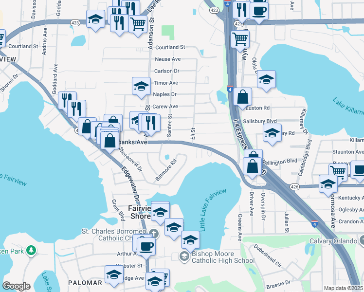 map of restaurants, bars, coffee shops, grocery stores, and more near 4300 Biltmore Road in Orlando