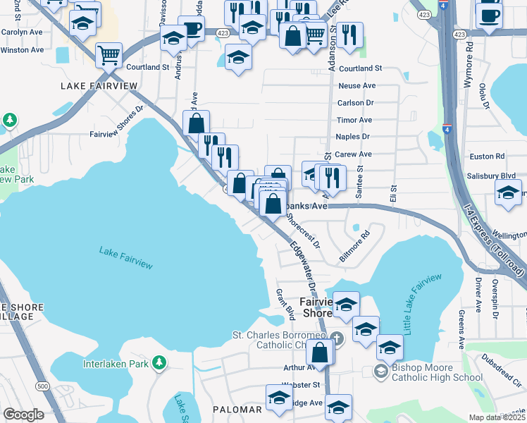 map of restaurants, bars, coffee shops, grocery stores, and more near 4355 Edgewater Drive in Orlando
