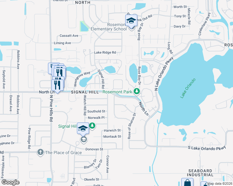 map of restaurants, bars, coffee shops, grocery stores, and more near 4697 North Lane in Orlando