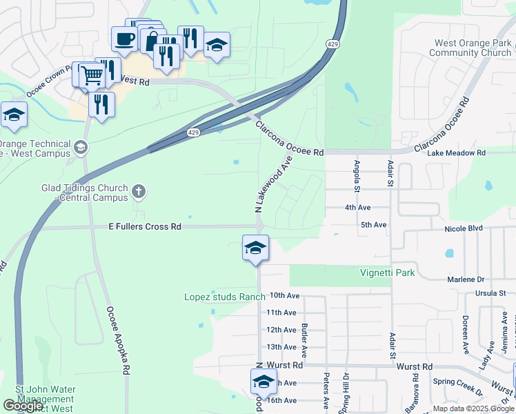 map of restaurants, bars, coffee shops, grocery stores, and more near 1956 North Lakewood Avenue in Ocoee