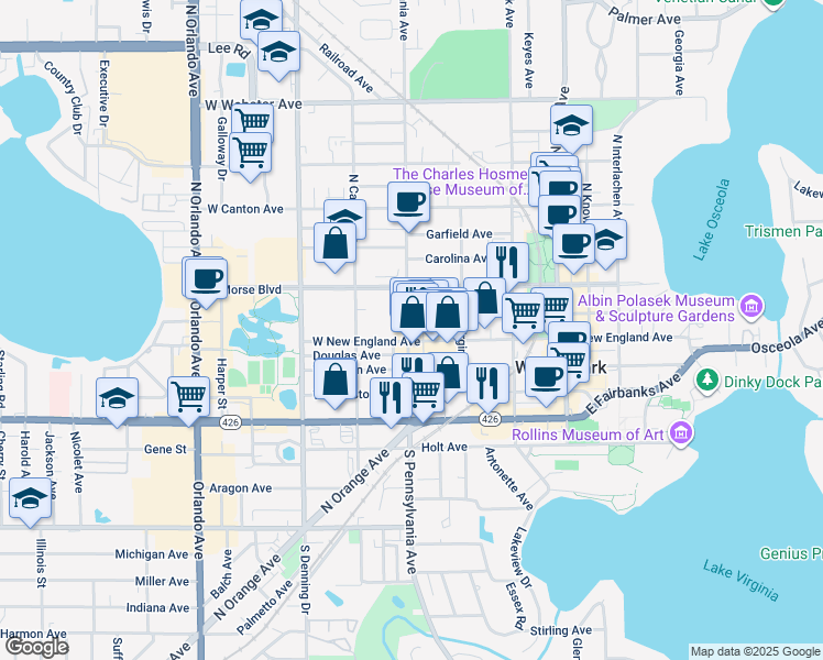 map of restaurants, bars, coffee shops, grocery stores, and more near 211 South Pennsylvania Avenue in Winter Park