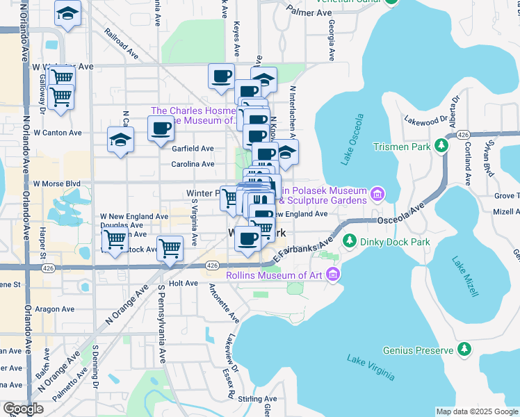 map of restaurants, bars, coffee shops, grocery stores, and more near 250 South Park Avenue in Winter Park