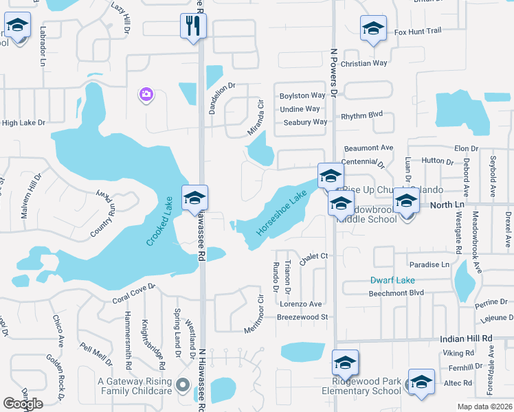 map of restaurants, bars, coffee shops, grocery stores, and more near 6570 Whirlaway Circle in Orlando