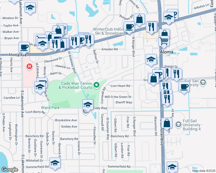 map of restaurants, bars, coffee shops, grocery stores, and more near 2723 Prince John Road in Winter Park