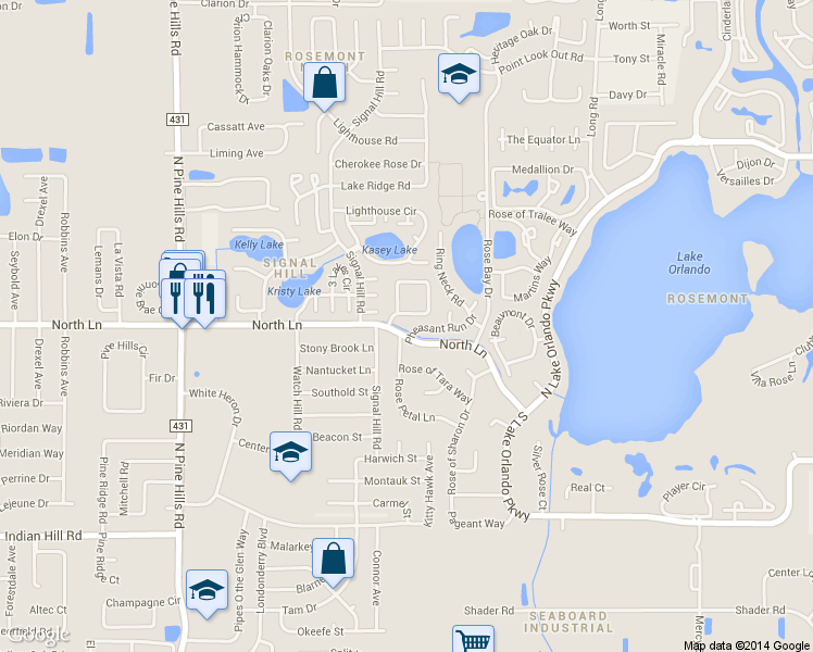 map of restaurants, bars, coffee shops, grocery stores, and more near 4697 North Lane in Orlando