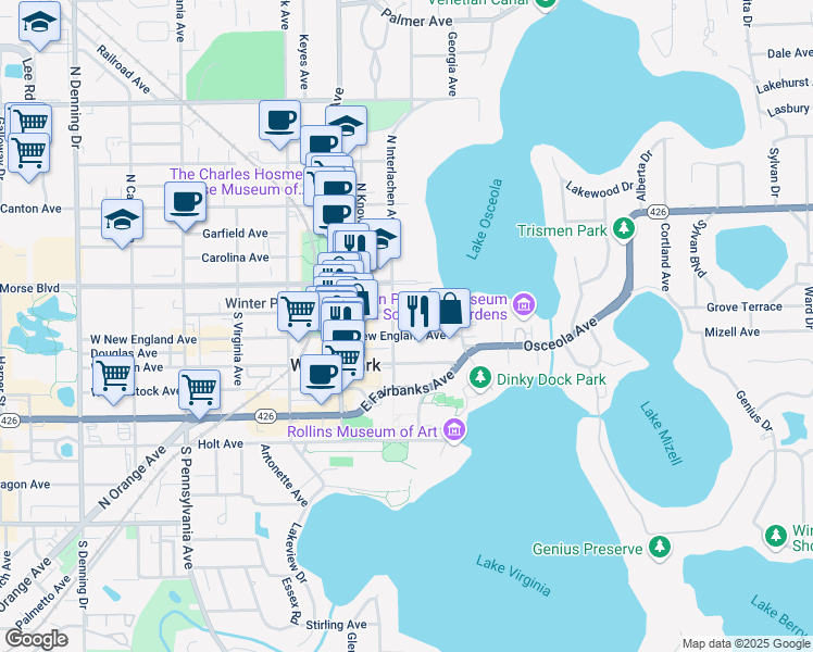 map of restaurants, bars, coffee shops, grocery stores, and more near 315 East New England Avenue in Winter Park