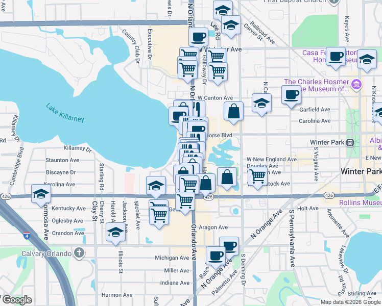 map of restaurants, bars, coffee shops, grocery stores, and more near 223 Beachview Avenue in Winter Park