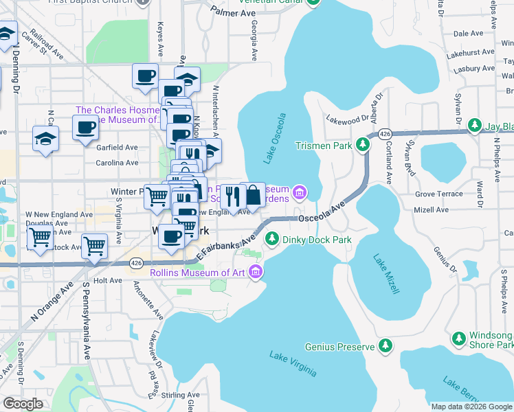 map of restaurants, bars, coffee shops, grocery stores, and more near 460 East New England Avenue in Winter Park