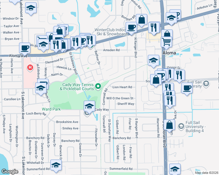 map of restaurants, bars, coffee shops, grocery stores, and more near 2723 Prince John Road in Winter Park