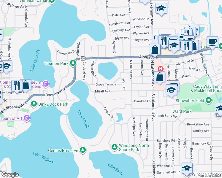 map of restaurants, bars, coffee shops, grocery stores, and more near 1481 Mizell Avenue in Winter Park