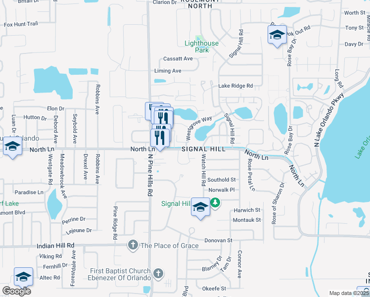 map of restaurants, bars, coffee shops, grocery stores, and more near 4990 North Lane in Orlando