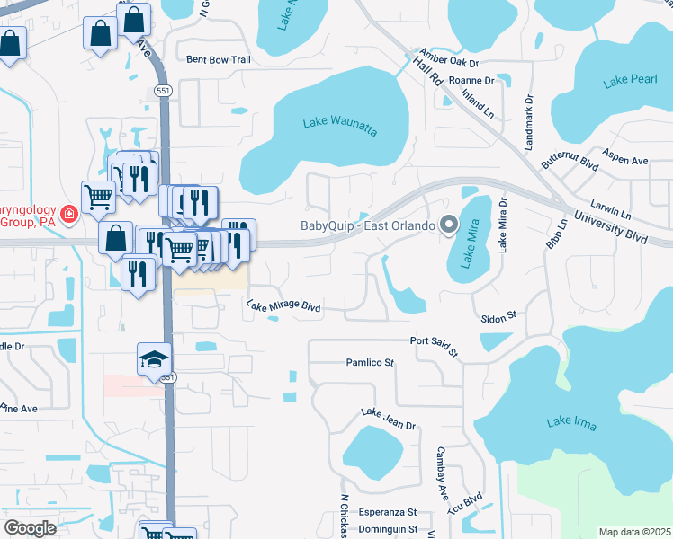 map of restaurants, bars, coffee shops, grocery stores, and more near 3833 Donna Lynn Lane in Orlando