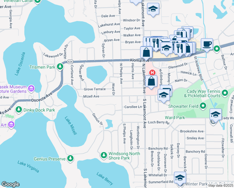 map of restaurants, bars, coffee shops, grocery stores, and more near 1650 Mizell Avenue in Winter Park
