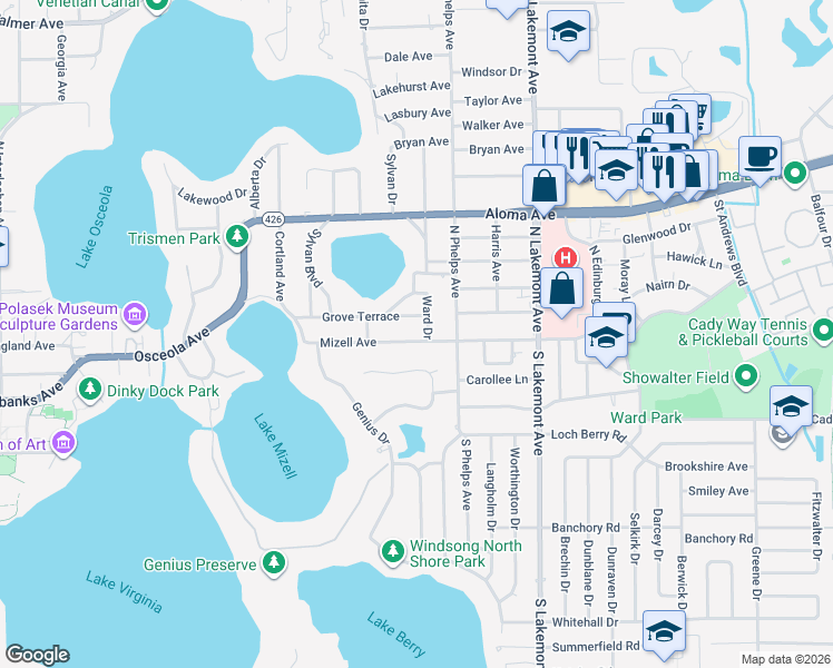 map of restaurants, bars, coffee shops, grocery stores, and more near 1530 Mizell Avenue in Winter Park