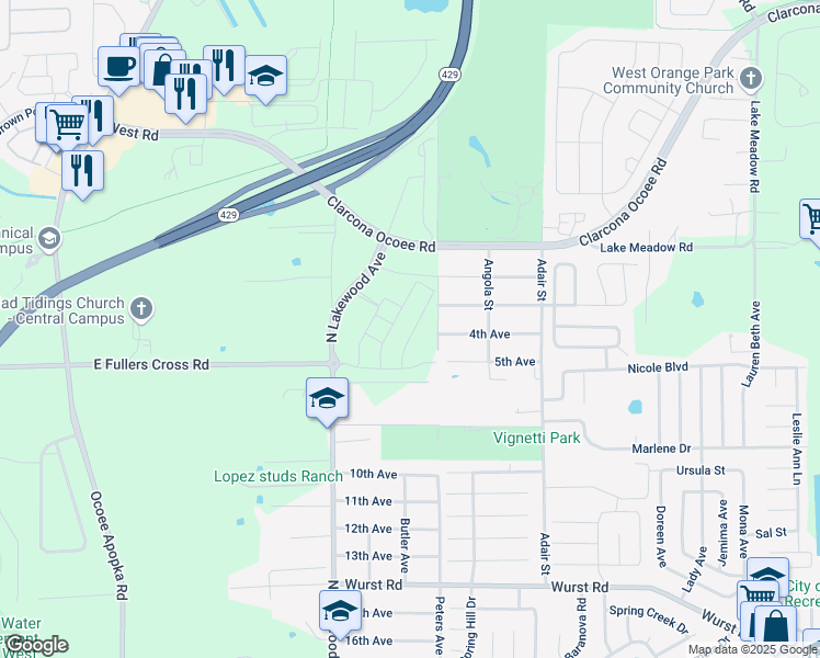 map of restaurants, bars, coffee shops, grocery stores, and more near 10711 North Lakewood Avenue in Apopka