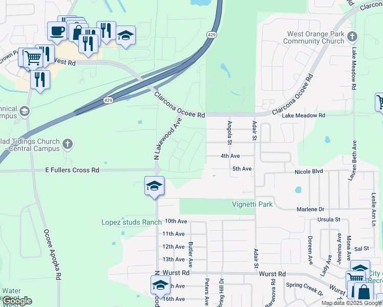 map of restaurants, bars, coffee shops, grocery stores, and more near 10711 North Lakewood Avenue in Apopka