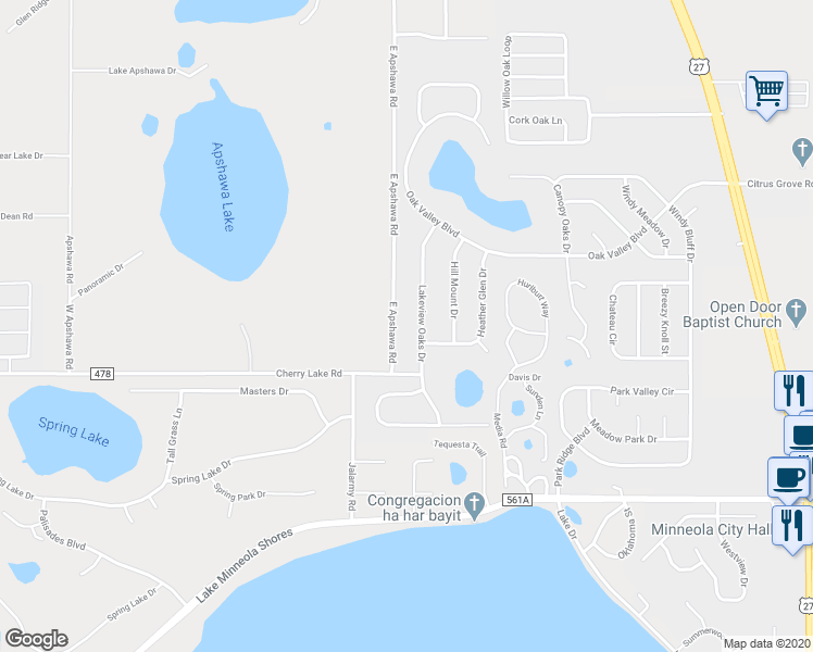 map of restaurants, bars, coffee shops, grocery stores, and more near 1042 Lakeview Oaks Drive in Minneola
