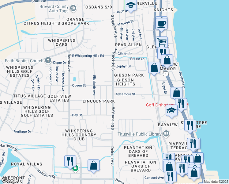 map of restaurants, bars, coffee shops, grocery stores, and more near 950 Sycamore Street in Titusville