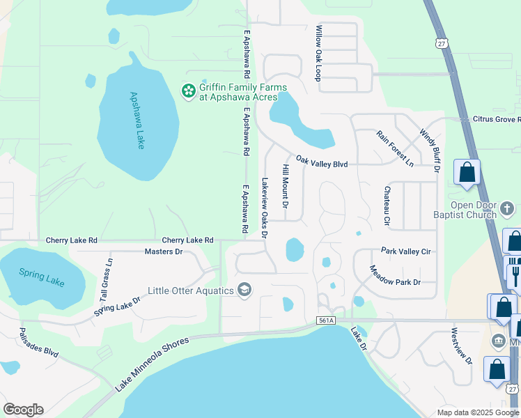 map of restaurants, bars, coffee shops, grocery stores, and more near 1042 Lakeview Oaks Drive in Minneola