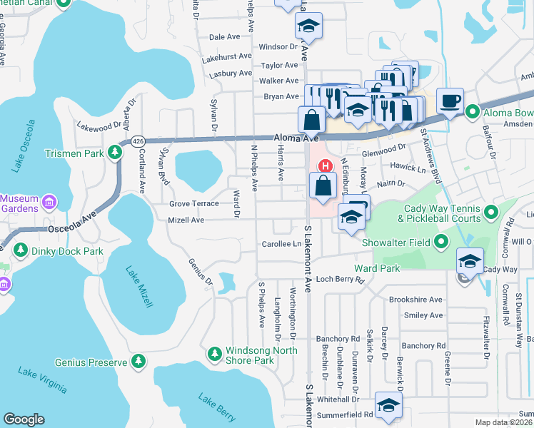 map of restaurants, bars, coffee shops, grocery stores, and more near 1760 Mizell Avenue in Winter Park