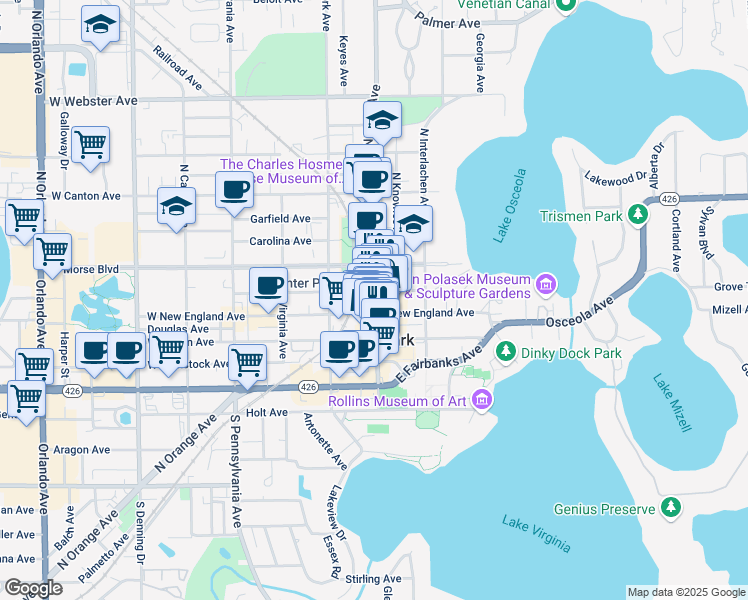 map of restaurants, bars, coffee shops, grocery stores, and more near 290 South Park Avenue in Winter Park