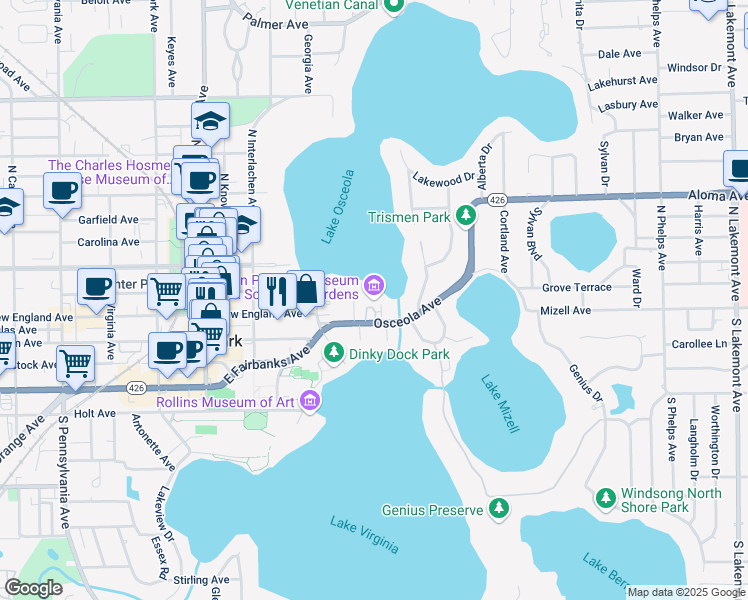 map of restaurants, bars, coffee shops, grocery stores, and more near 633 Osceola Avenue in Winter Park