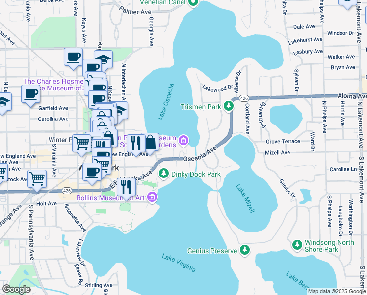 map of restaurants, bars, coffee shops, grocery stores, and more near 633 Osceola Avenue in Winter Park