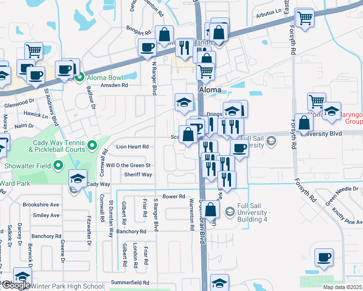 map of restaurants, bars, coffee shops, grocery stores, and more near 3159 U K Circle in Winter Park