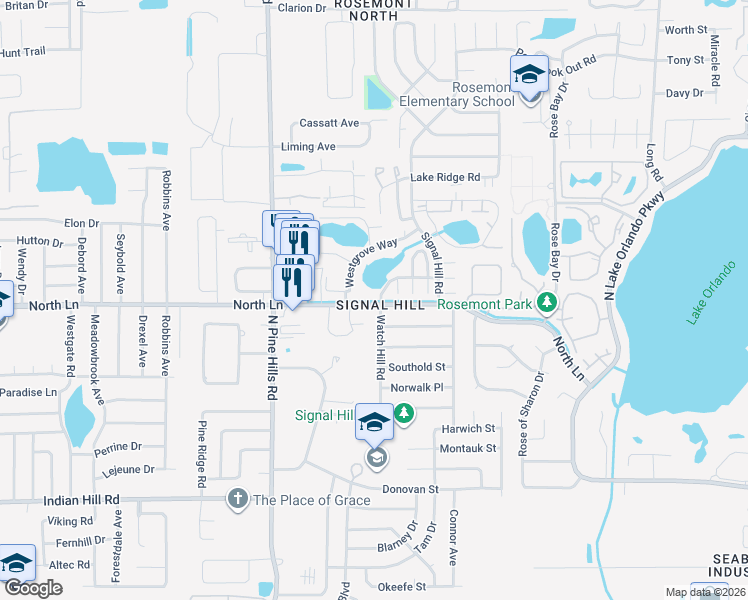 map of restaurants, bars, coffee shops, grocery stores, and more near 4388 Watch Hill Road in Orlando